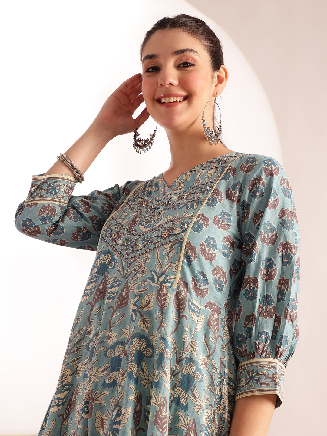 Sky Blue Floral Printed Anarkali Cotton Kurta, Pant With Dupatta