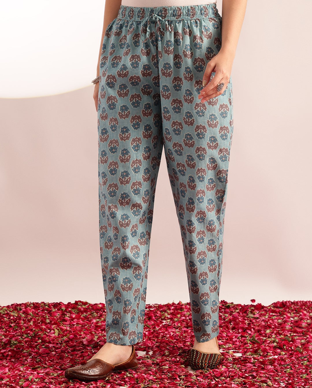 Sky Blue Floral Printed Anarkali Cotton Kurta, Pant With Dupatta