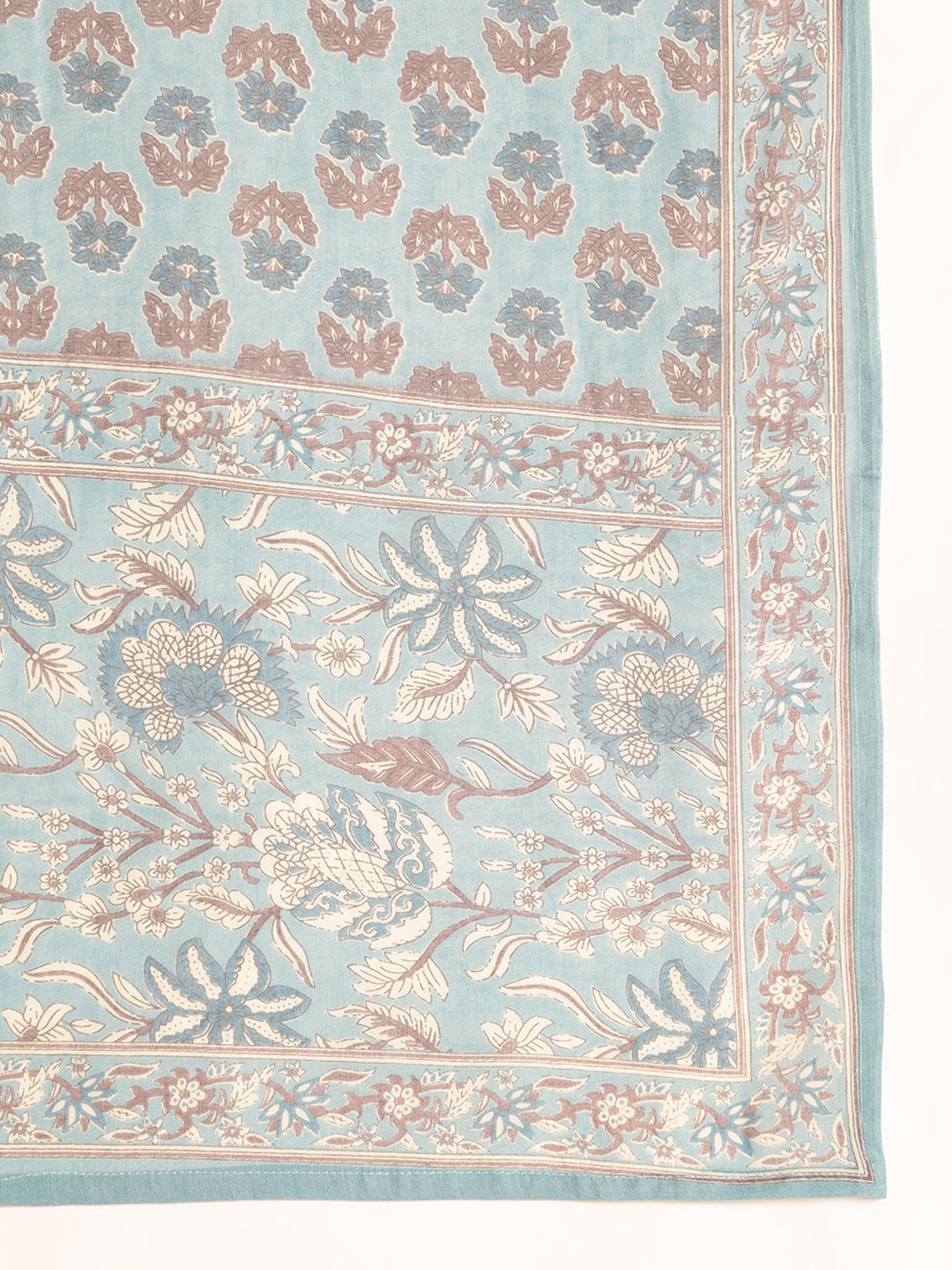 Sky Blue Floral Printed Anarkali Cotton Kurta, Pant With Dupatta