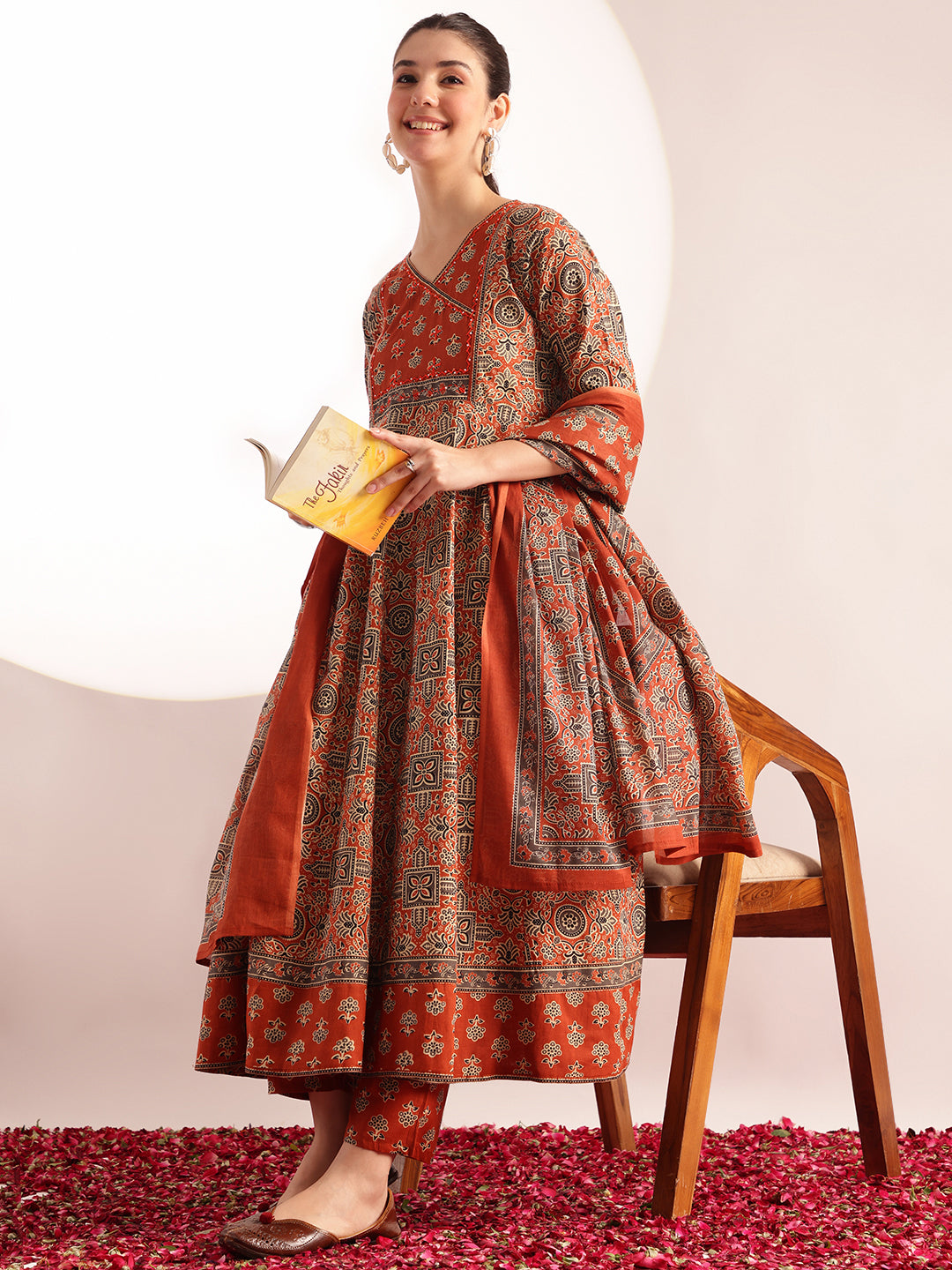 Orange Kalamkari Print Anarkali Cotton Kurta, Pant With Dupatta