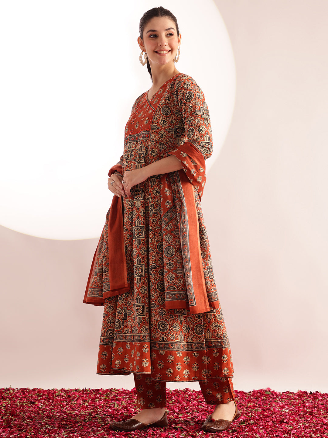 Orange Kalamkari Print Anarkali Cotton Kurta, Pant With Dupatta