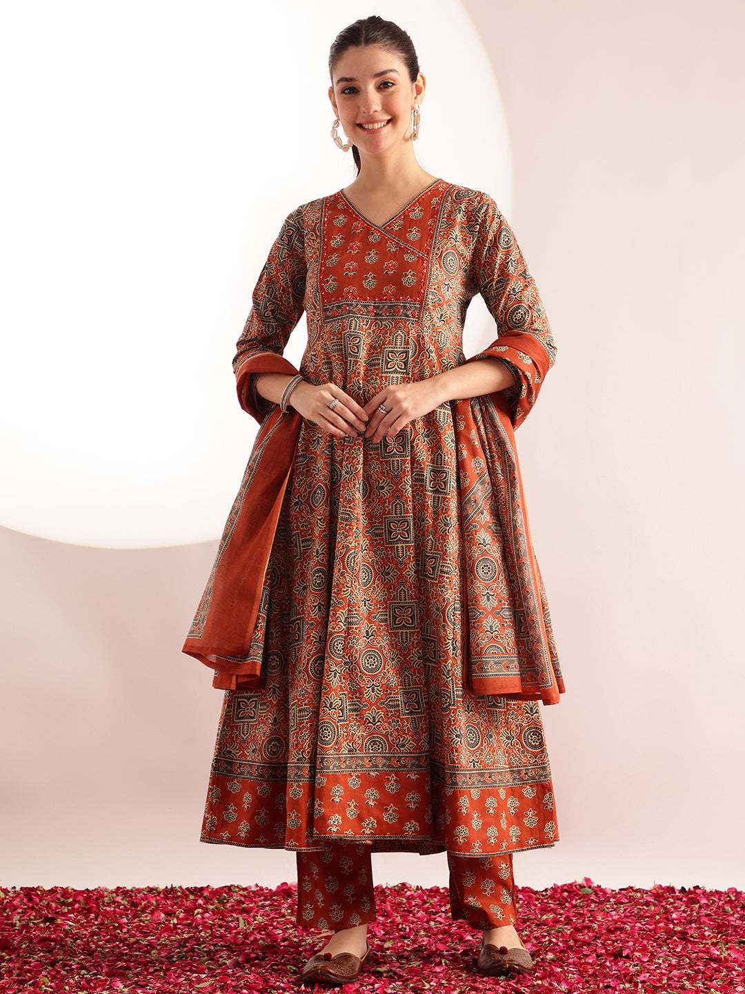 Orange Kalamkari Print Anarkali Cotton Kurta, Pant With Dupatta