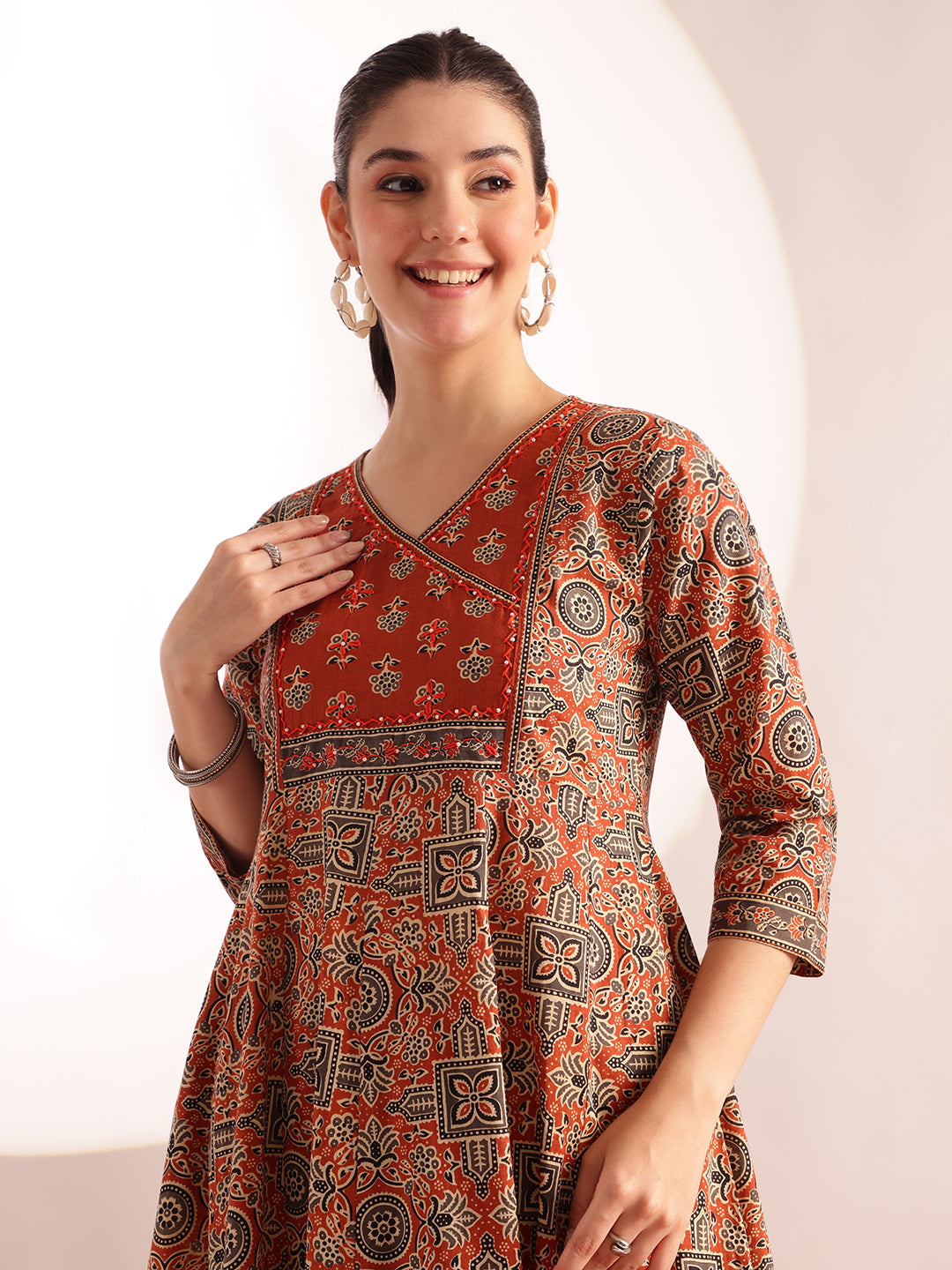 Orange Kalamkari Print Anarkali Cotton Kurta, Pant With Dupatta