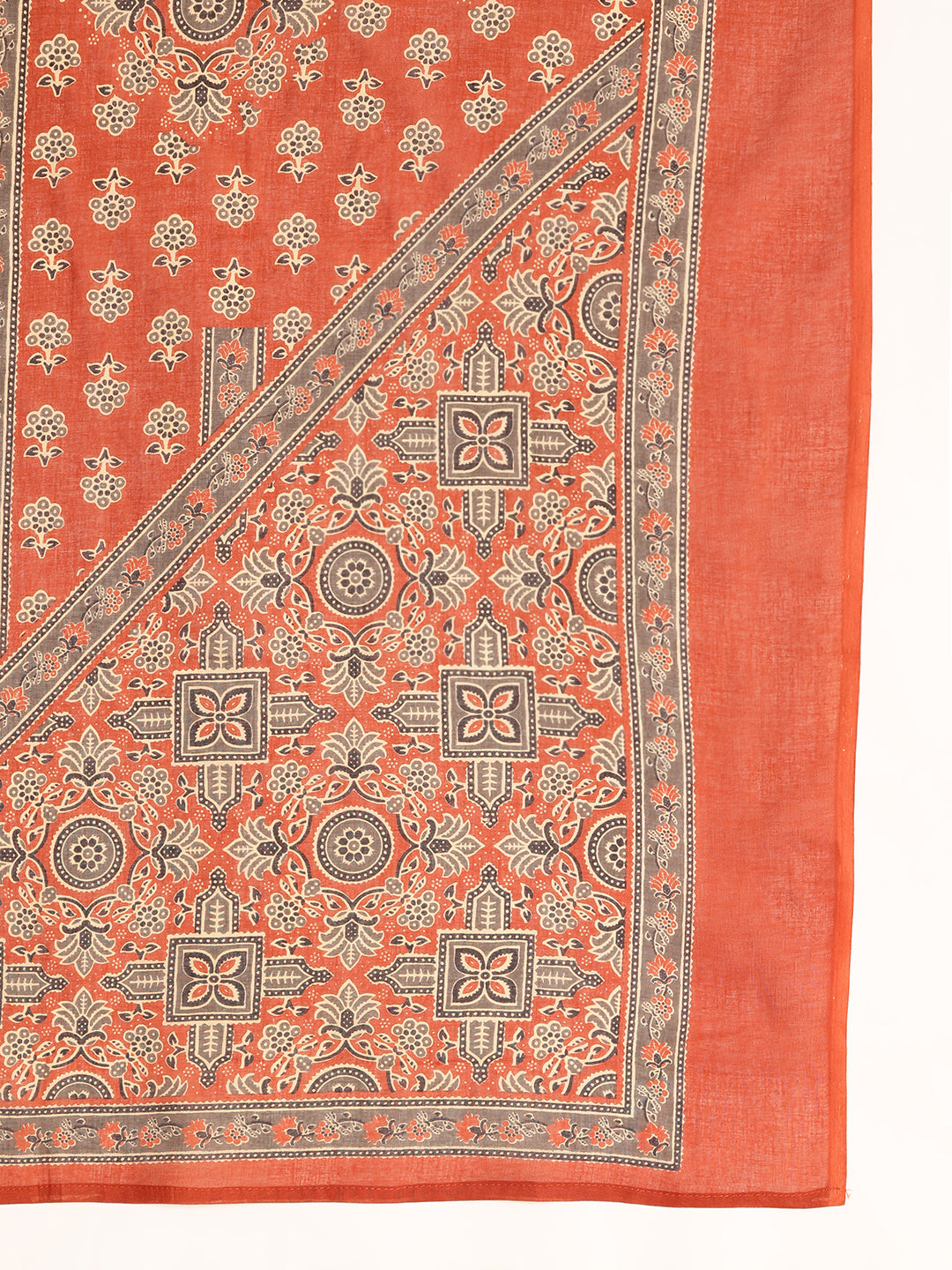 Orange Kalamkari Print Anarkali Cotton Kurta, Pant With Dupatta