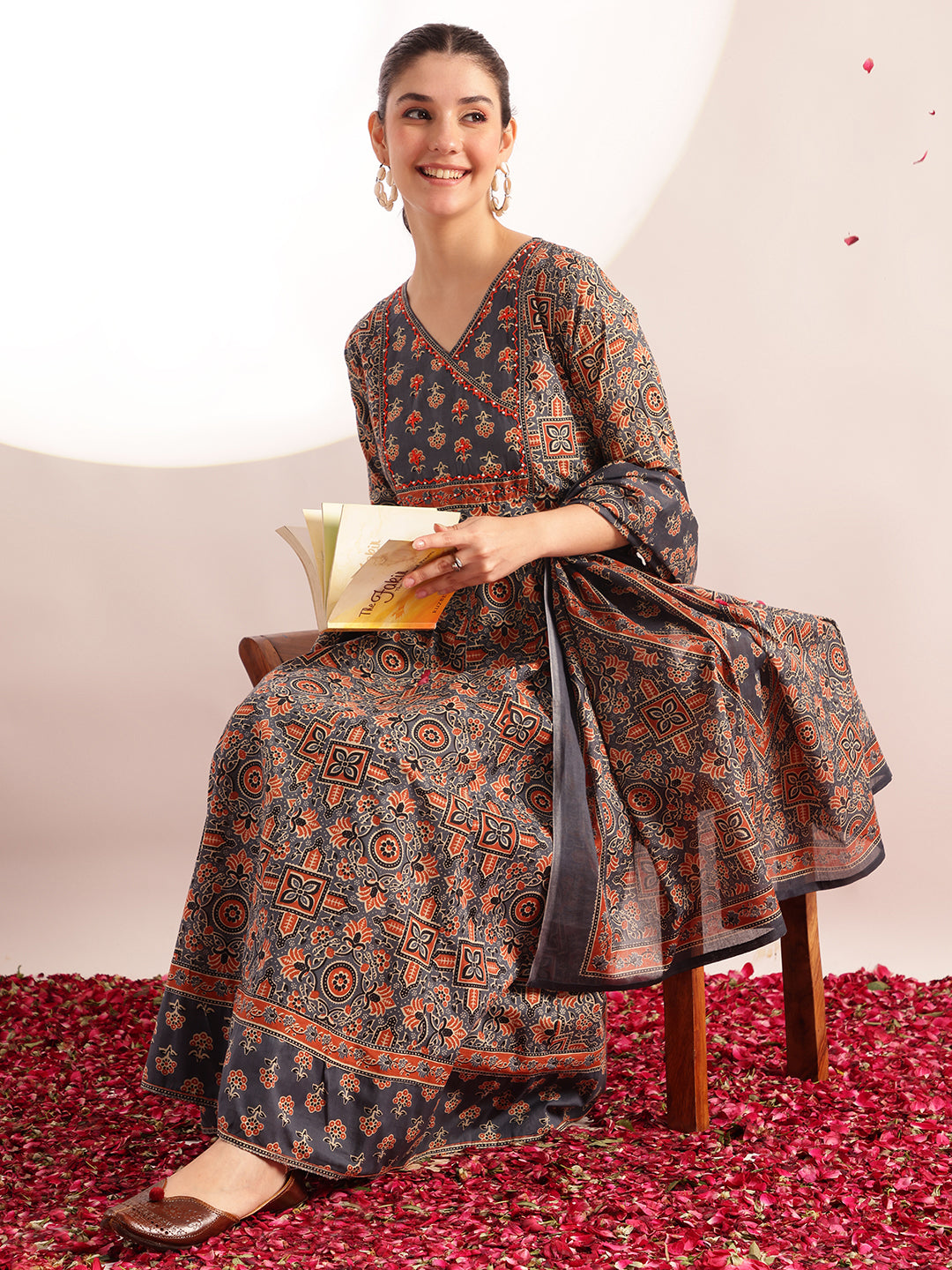 Aqua Kalamkari Print Anarkali Cotton Kurta, Pant With Dupatta