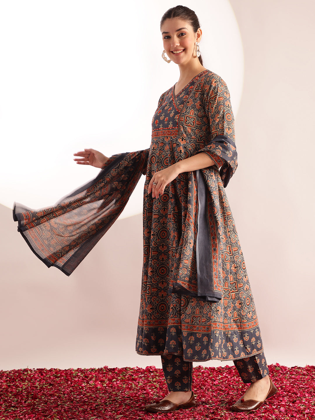 Aqua Kalamkari Print Anarkali Cotton Kurta, Pant With Dupatta