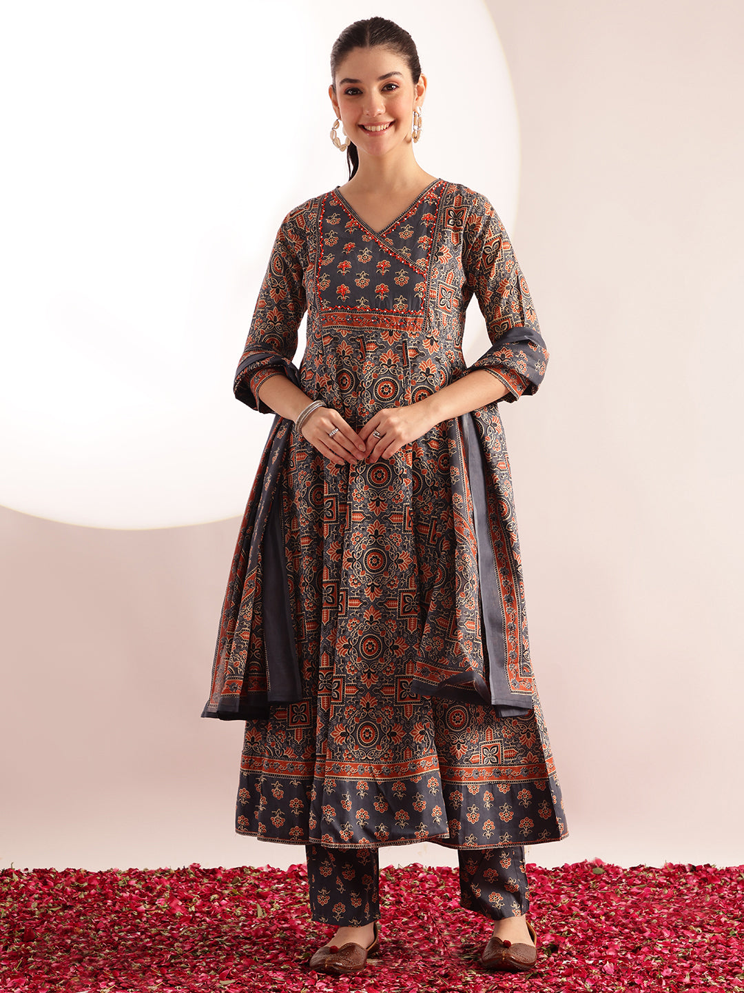 Aqua Kalamkari Print Anarkali Cotton Kurta, Pant With Dupatta
