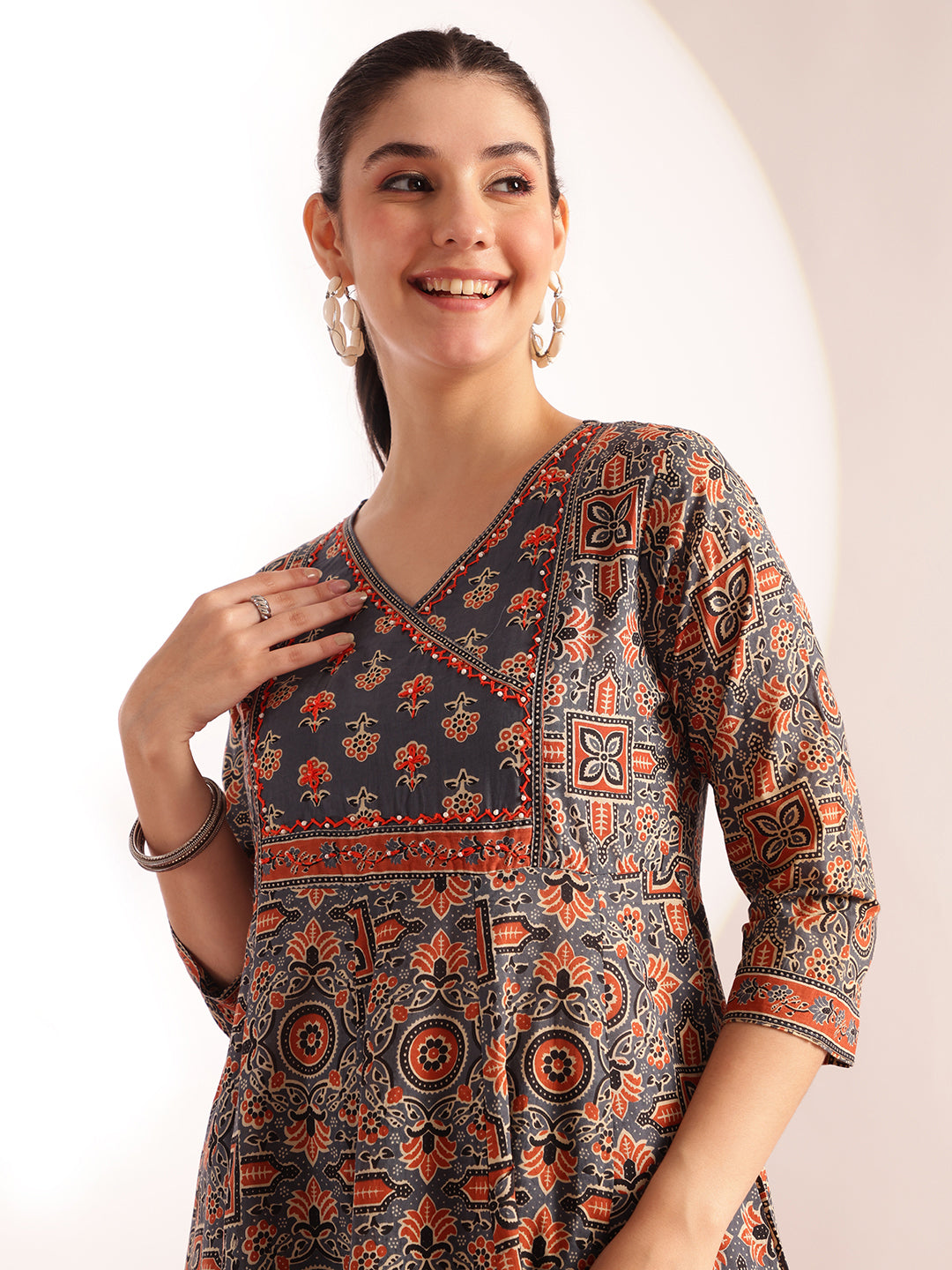 Aqua Kalamkari Print Anarkali Cotton Kurta, Pant With Dupatta