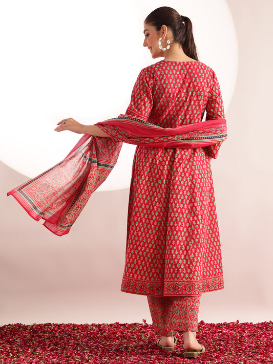Pink Floral Printed Anarkali Cotton Kurta, Pant With Dupatta