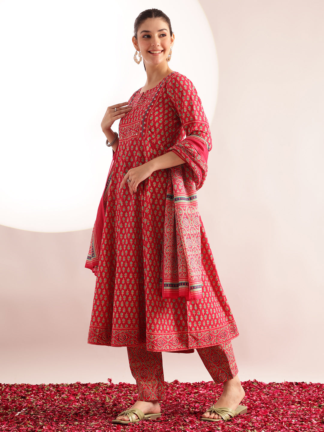 Pink Floral Printed Anarkali Cotton Kurta, Pant With Dupatta