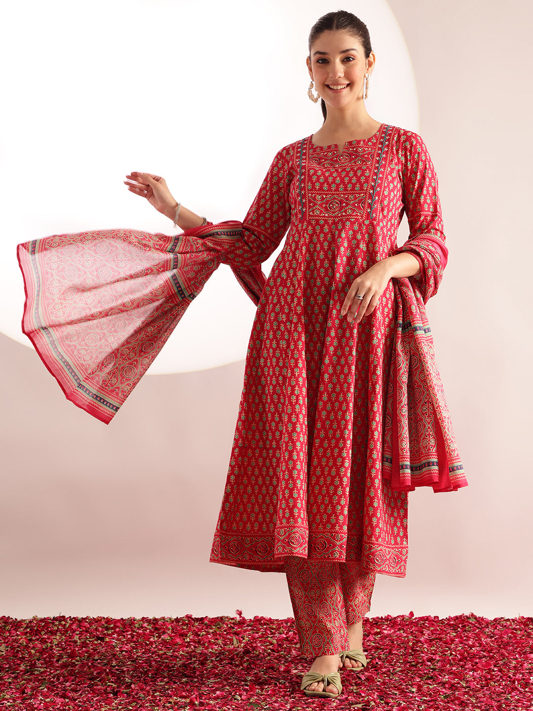 Pink Floral Printed Anarkali Cotton Kurta, Pant With Dupatta