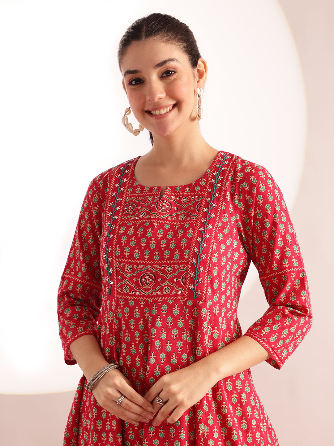 Pink Floral Printed Anarkali Cotton Kurta, Pant With Dupatta