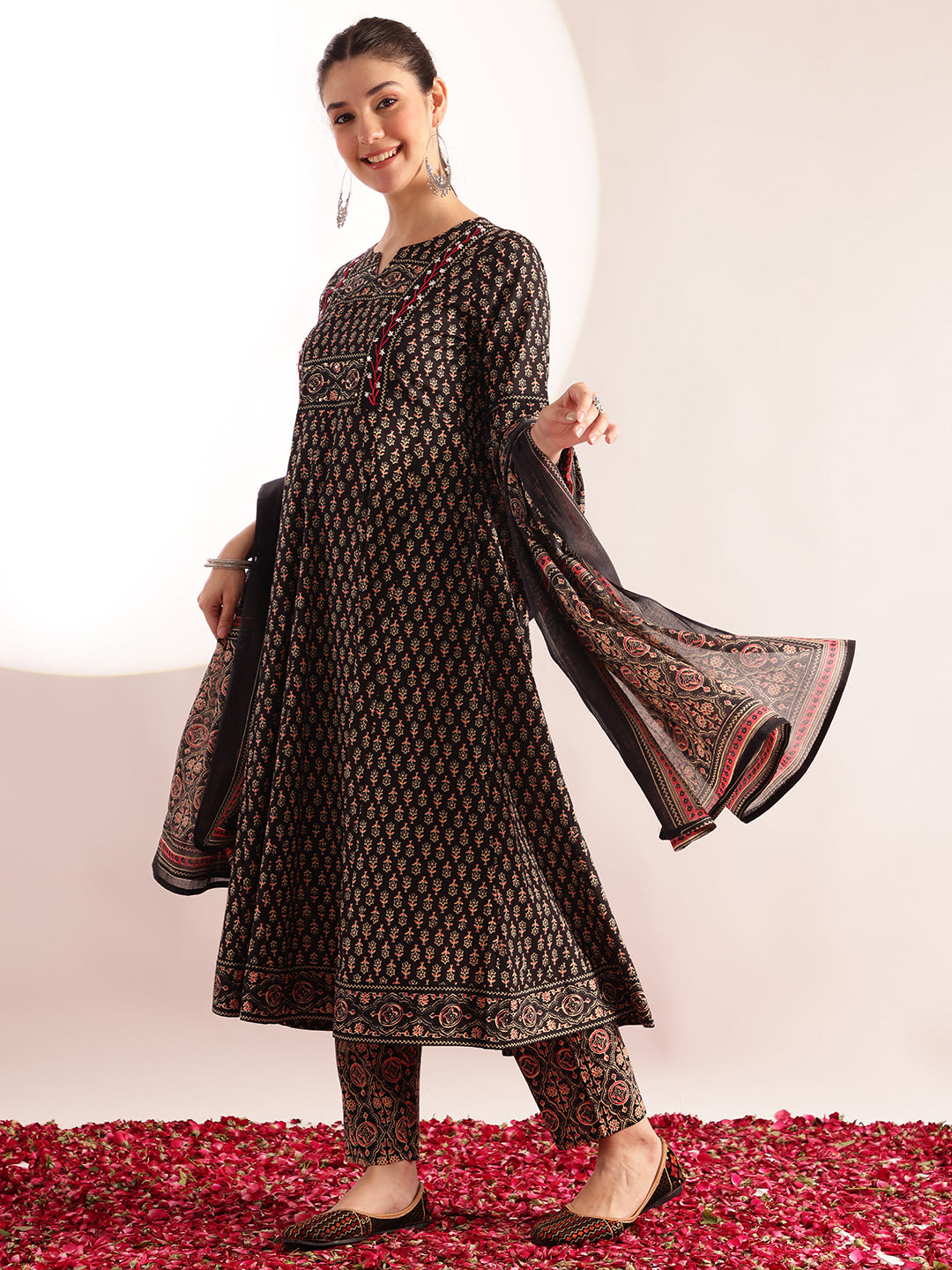Black Floral Printed Anarkali Cotton Kurta, Pant With Dupatta