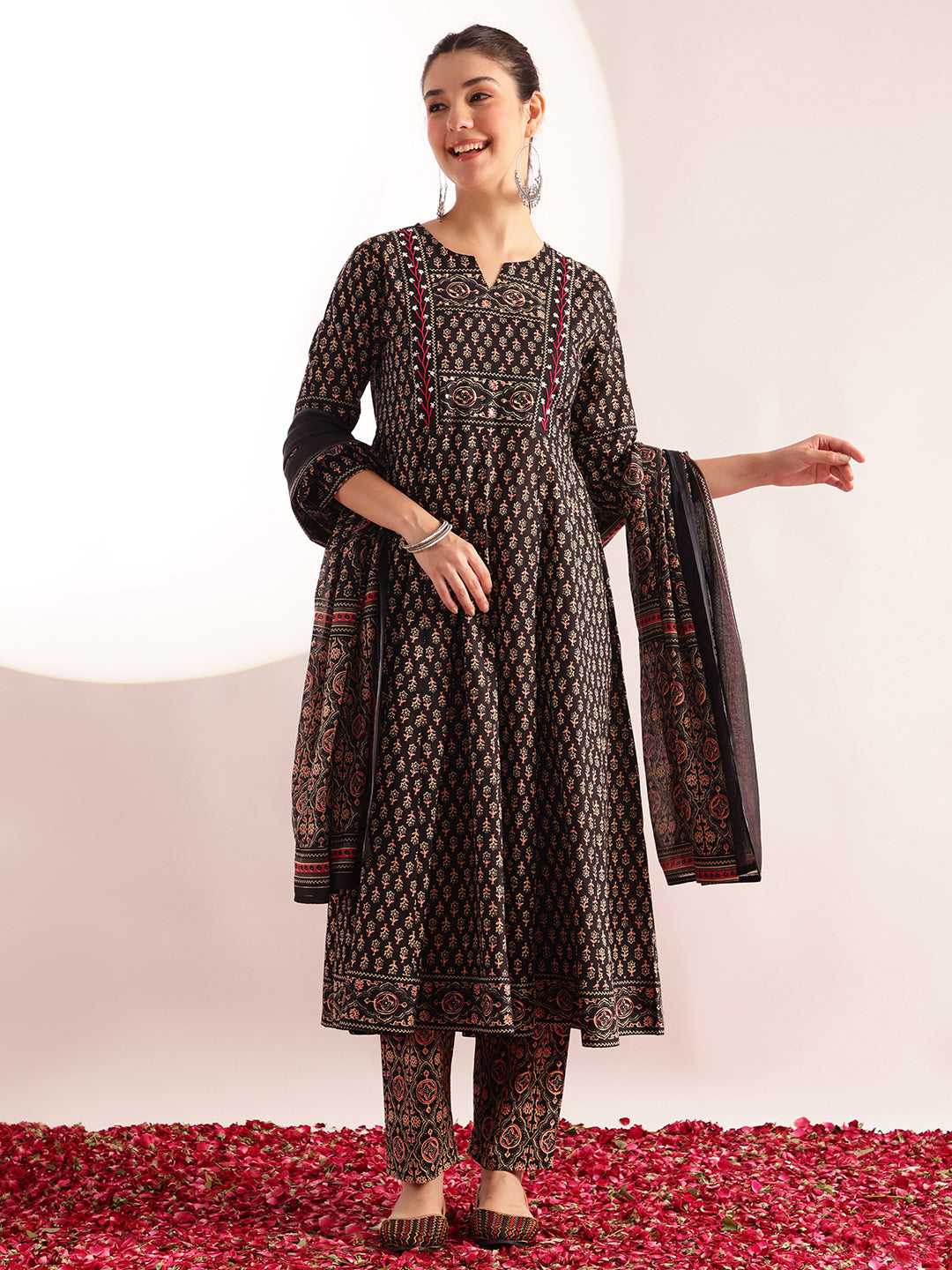 Black Floral Printed Anarkali Cotton Kurta, Pant With Dupatta