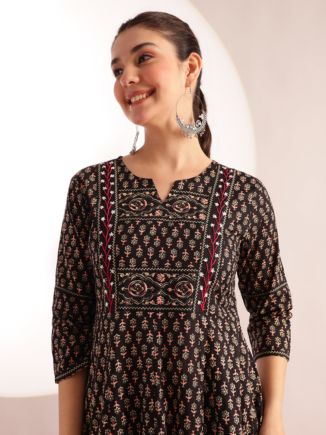 Black Floral Printed Anarkali Cotton Kurta, Pant With Dupatta