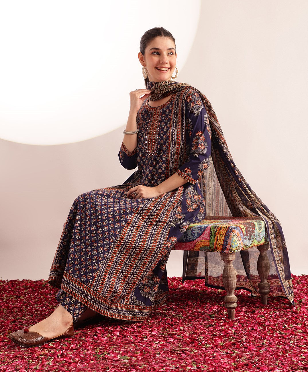 Blue Floral Printed A-Line Cotton Kurta, Palazzo With Dupatta
