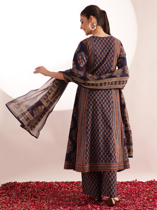 Blue Floral Printed A-Line Cotton Kurta, Palazzo With Dupatta