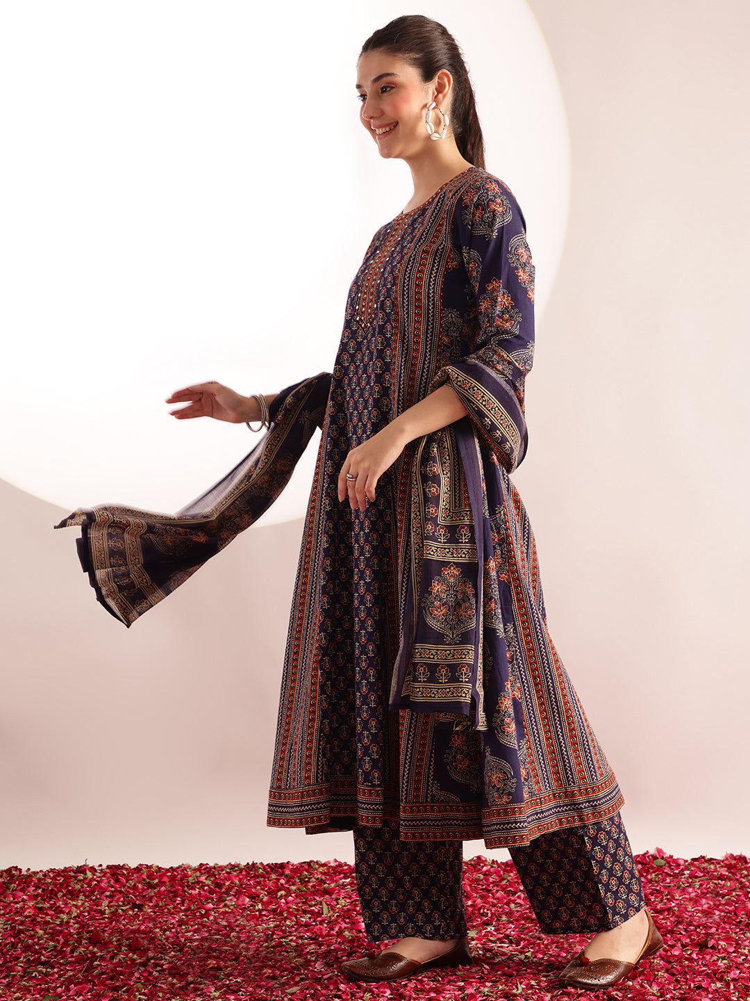 Blue Floral Printed A-Line Cotton Kurta, Palazzo With Dupatta