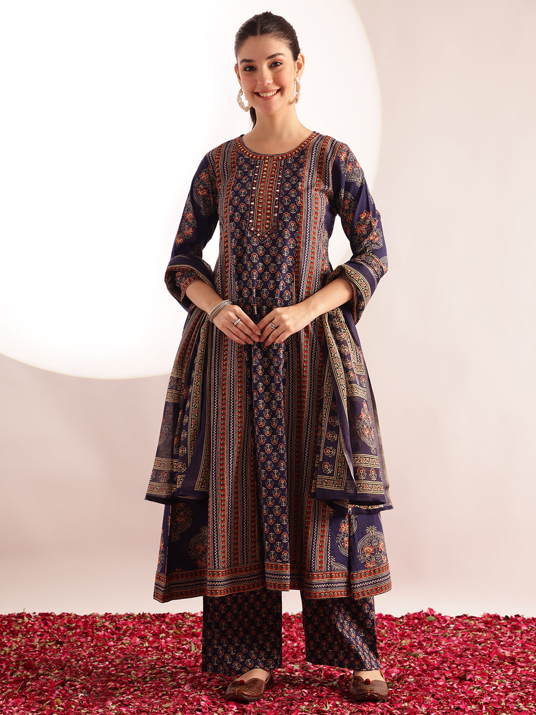 Blue Floral Printed A-Line Cotton Kurta, Palazzo With Dupatta