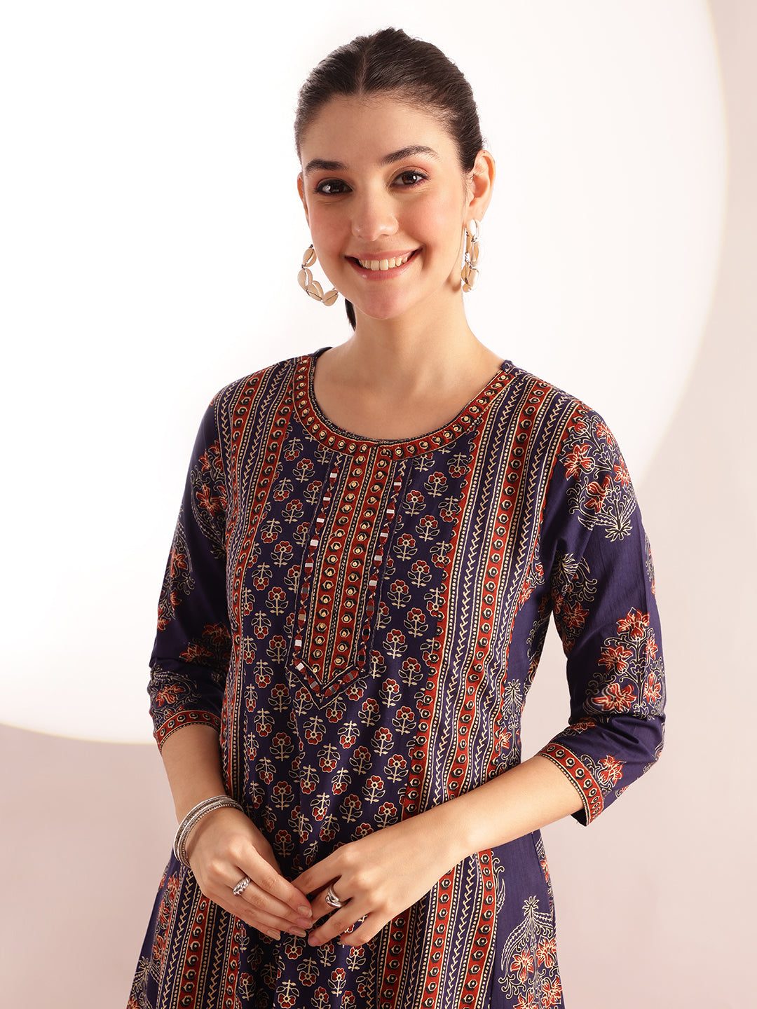 Blue Floral Printed A-Line Cotton Kurta, Palazzo With Dupatta