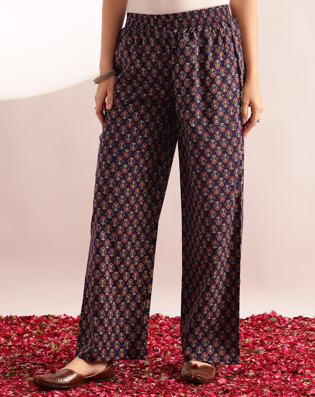 Blue Floral Printed A-Line Cotton Kurta, Palazzo With Dupatta
