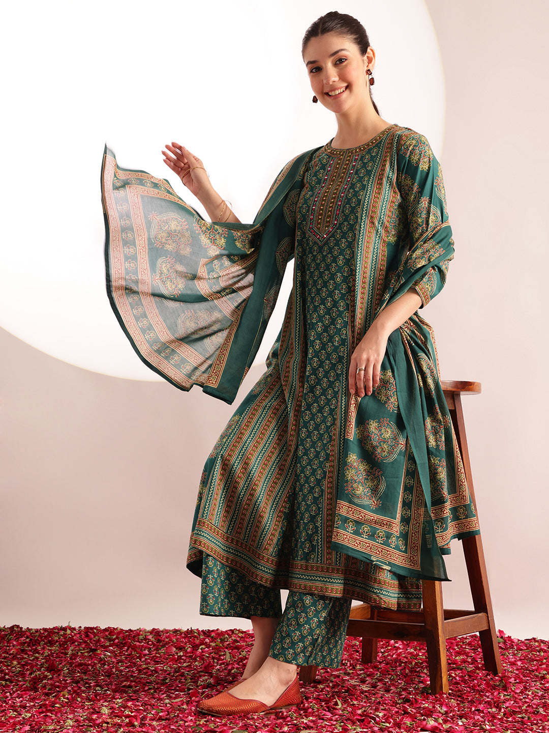 Aqua Green Floral Printed A-Line Cotton Kurta, Palazzo With Dupatta