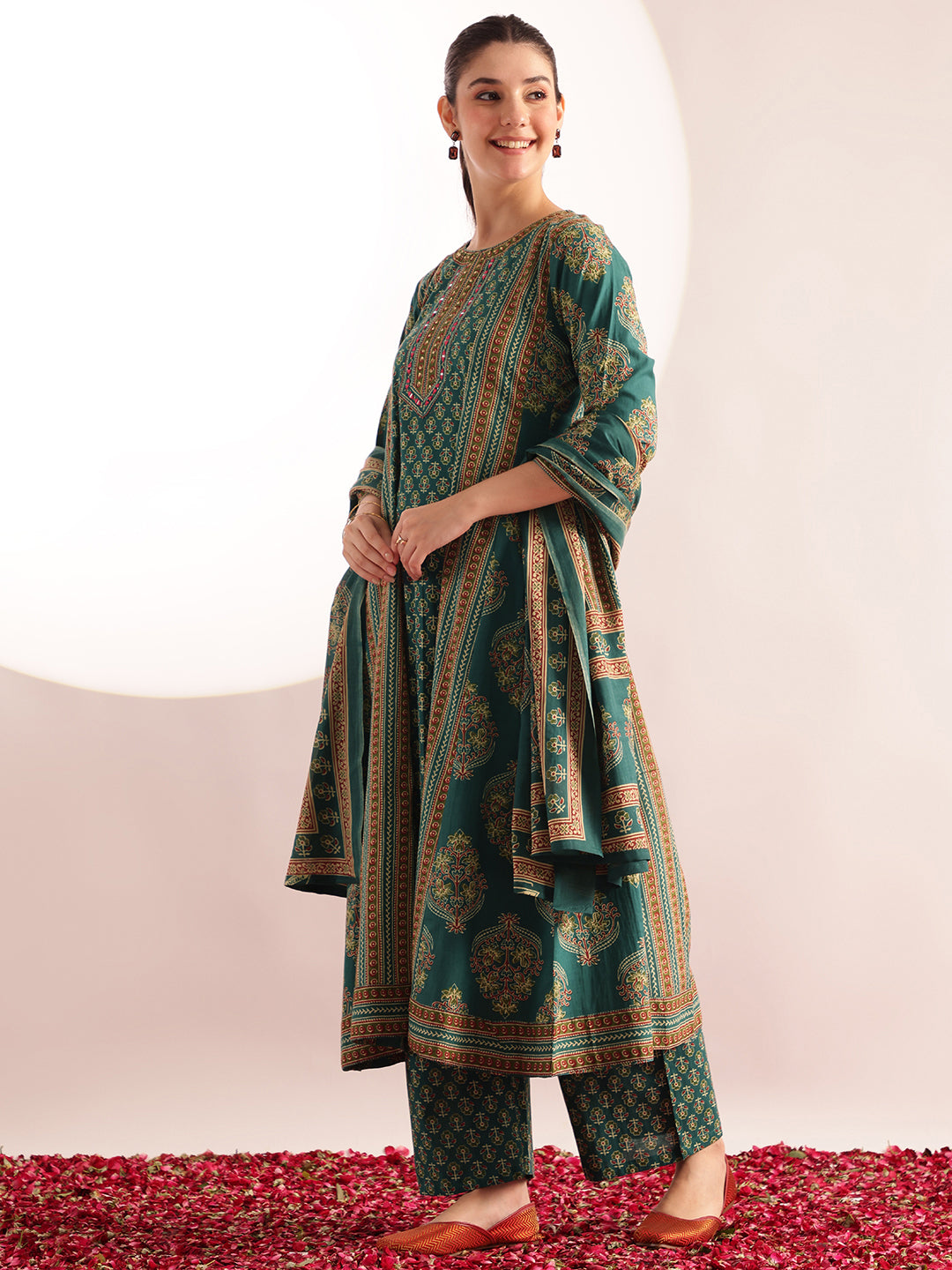 Aqua Green Floral Printed A-Line Cotton Kurta, Palazzo With Dupatta