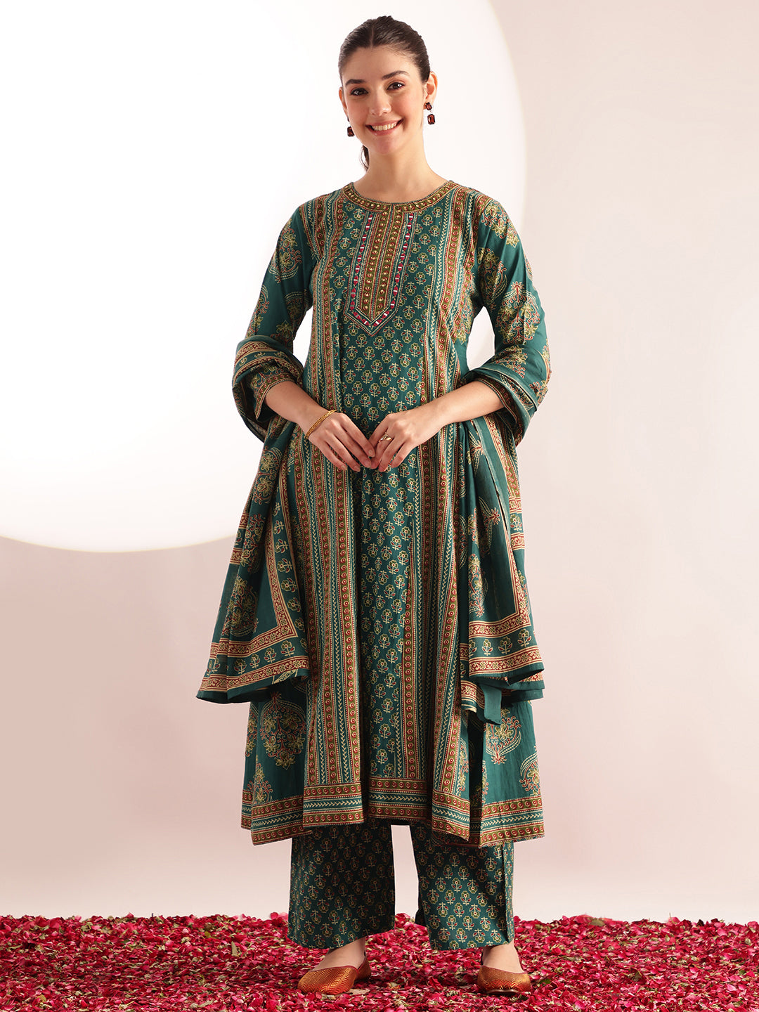 Aqua Green Floral Printed A-Line Cotton Kurta, Palazzo With Dupatta
