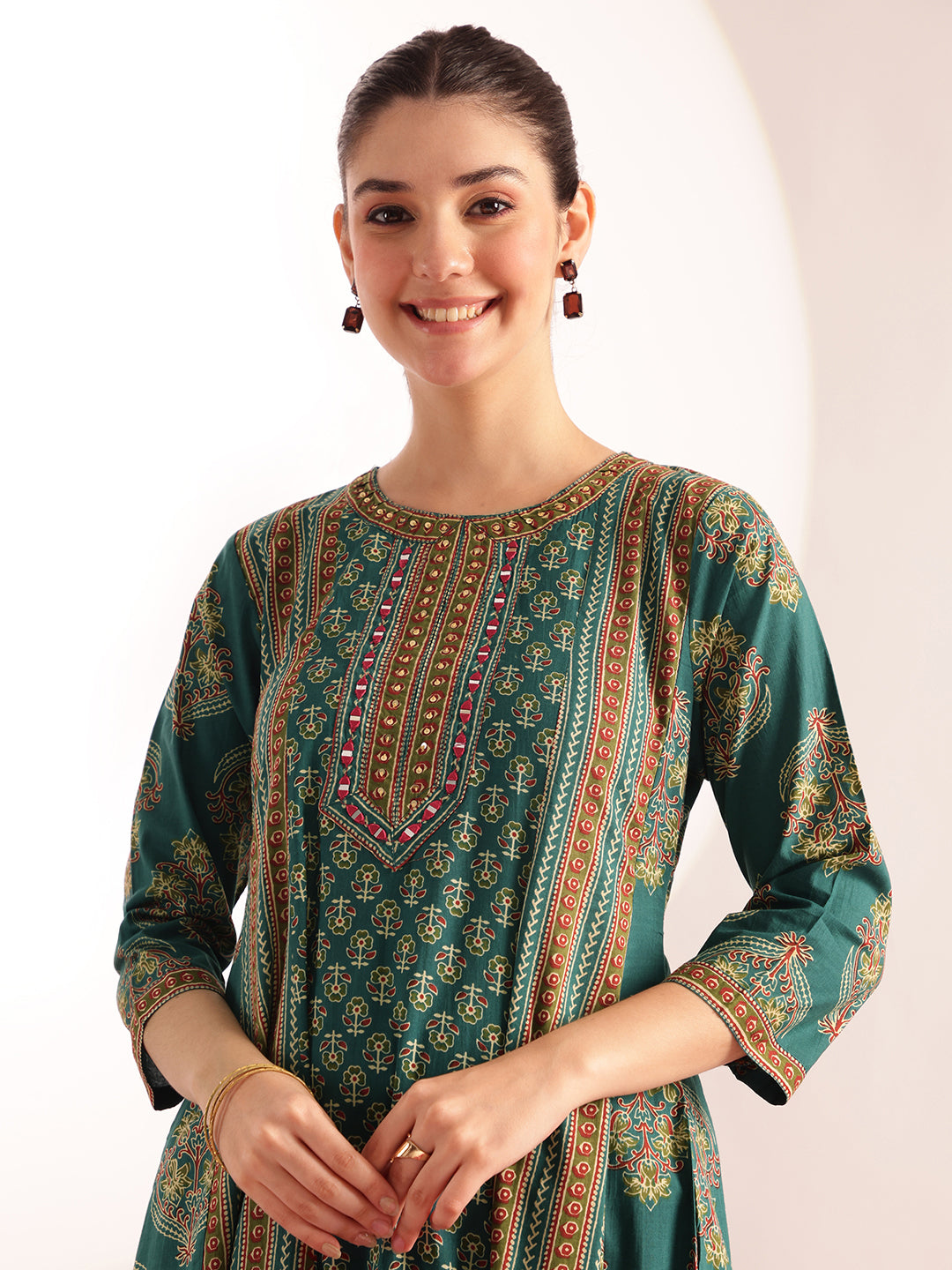 Aqua Green Floral Printed A-Line Cotton Kurta, Palazzo With Dupatta