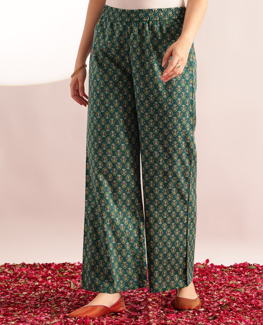 Aqua Green Floral Printed A-Line Cotton Kurta, Palazzo With Dupatta