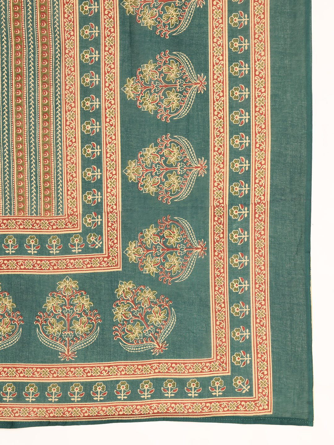 Aqua Green Floral Printed A-Line Cotton Kurta, Palazzo With Dupatta