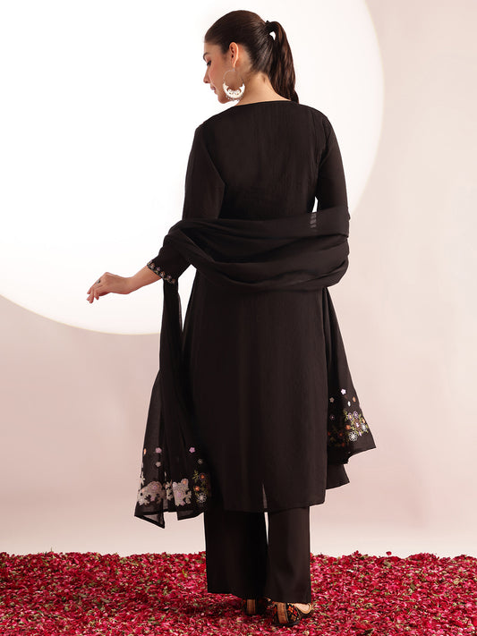 Black Embroidered, Solid Fit & Flare Mul Chanderi Stitched Kurta, Palazzo With Dupatta