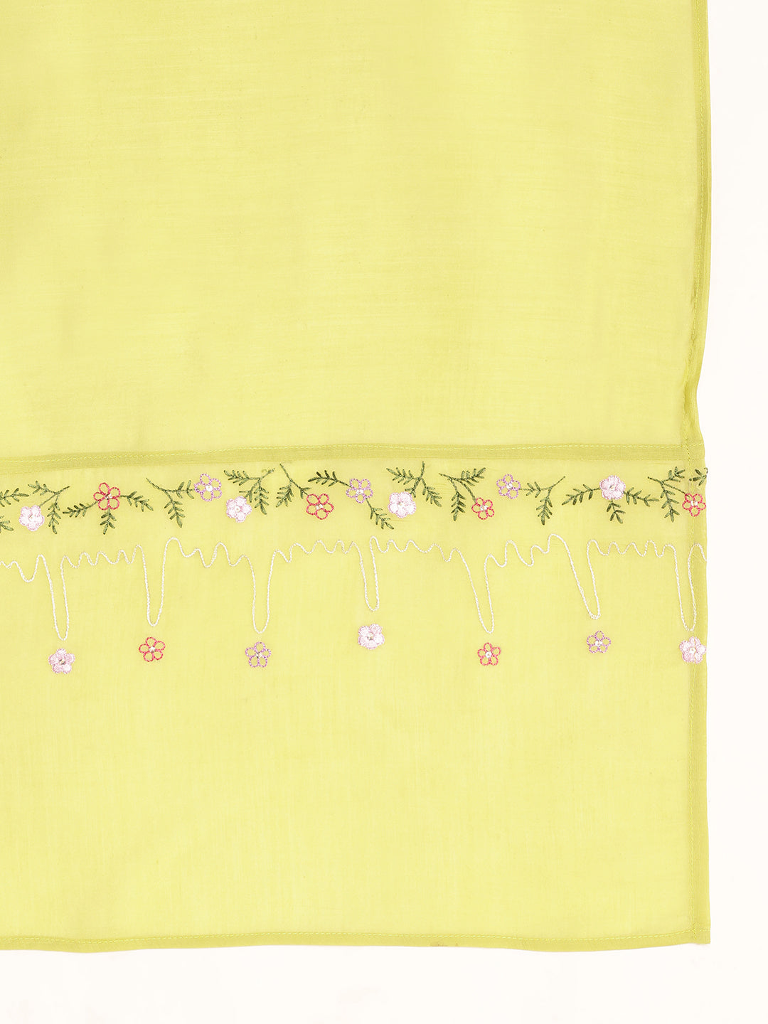 Parrot Embroidered-Solid Straight Mul Chanderi Stitched Kurta, Palazzo With Dupatta