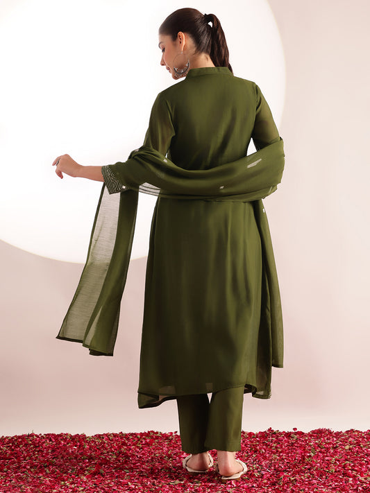 Mahendi Green Embroidered-Solid Fit & Flare Mul Chanderi Stitched Kurta, Pant With Dupatta