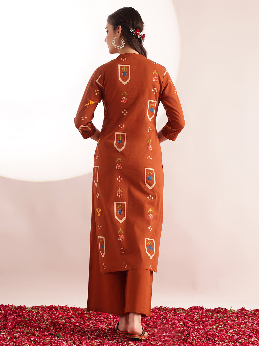 Orange Geometric Print Straight Cotton Kurta, Palazzo