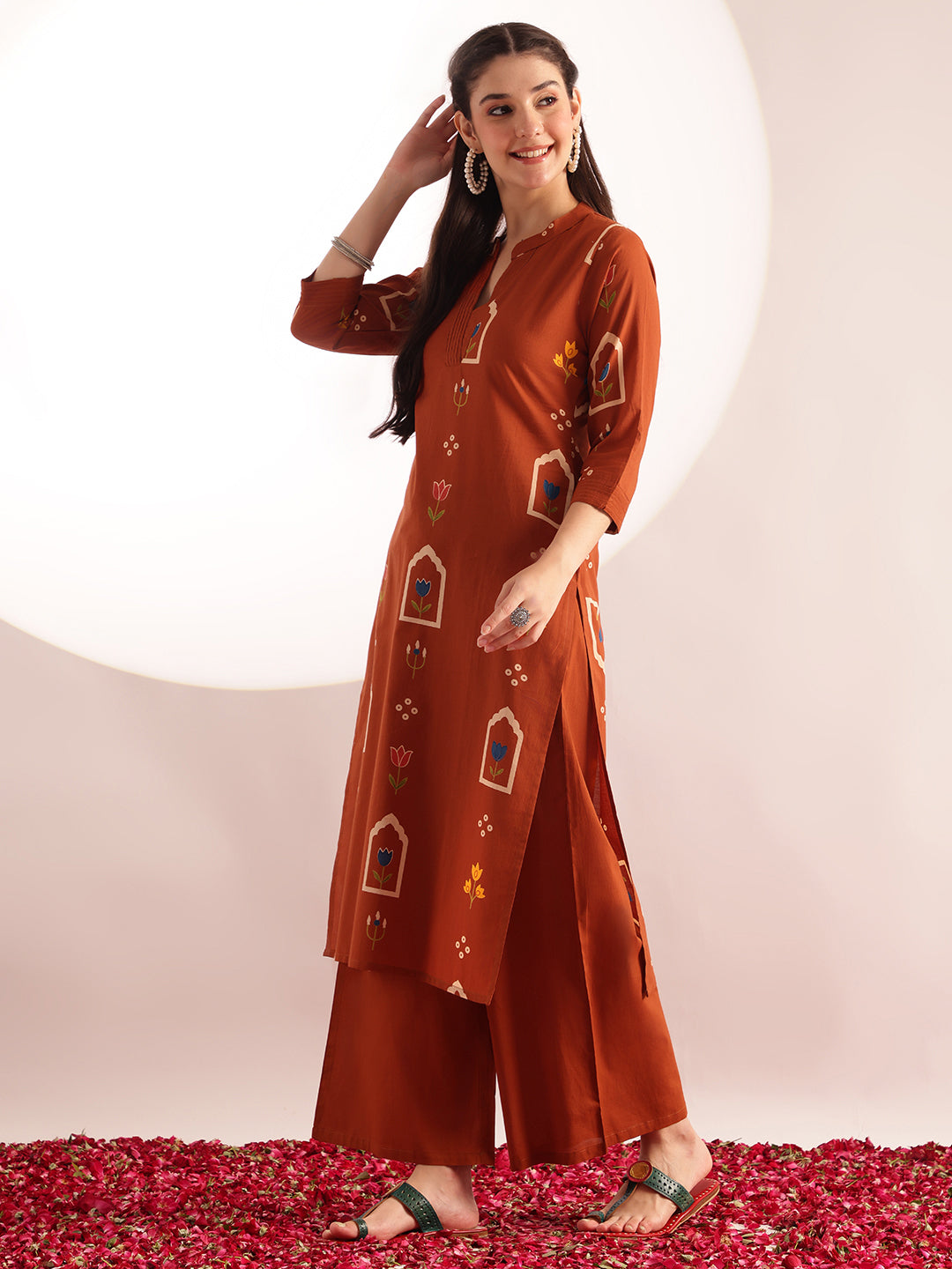 Orange Geometric Print Straight Cotton Kurta, Palazzo