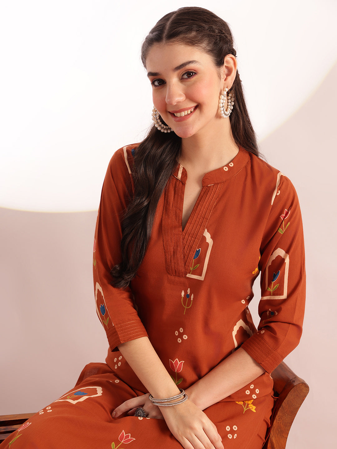 Orange Geometric Print Straight Cotton Kurta, Palazzo