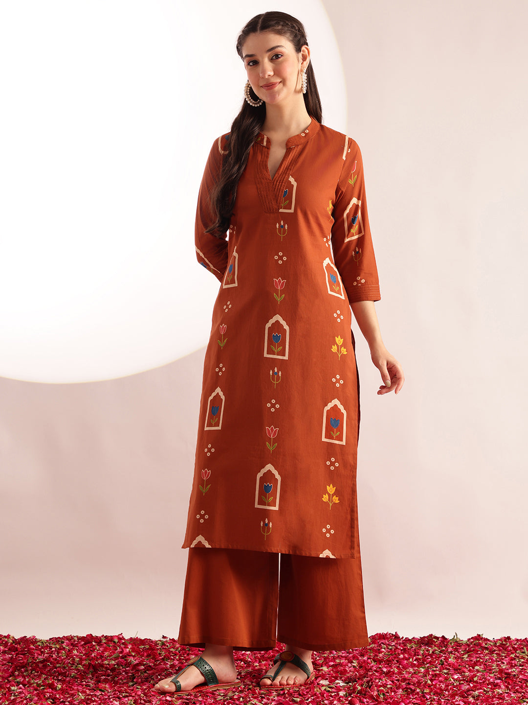 Orange Geometric Print Straight Cotton Kurta, Palazzo
