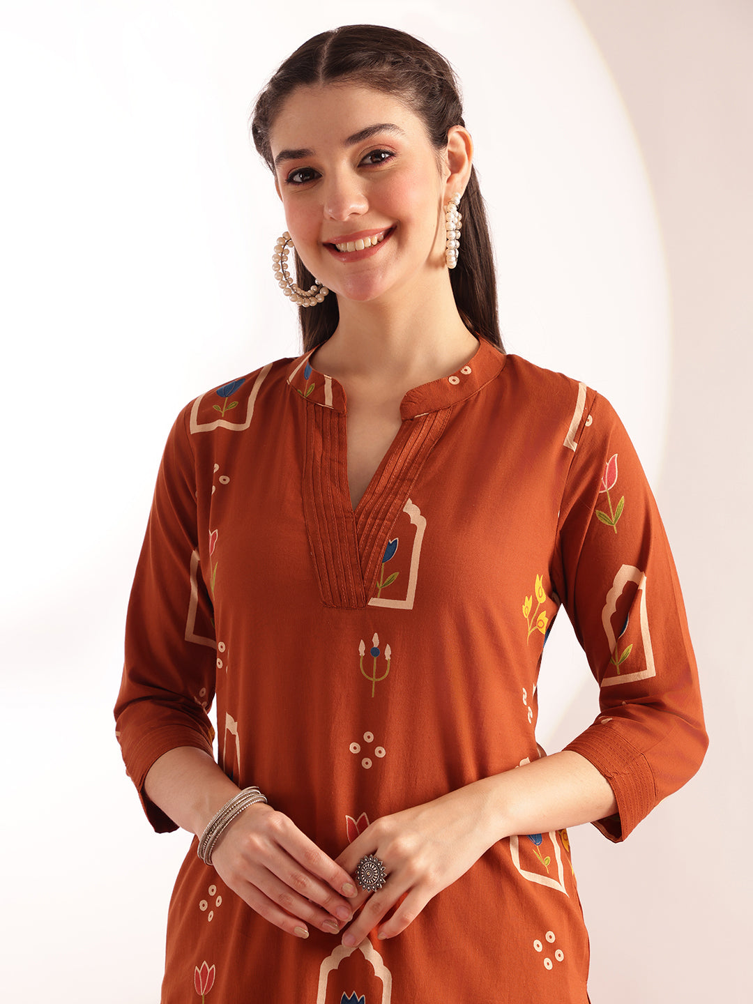 Orange Geometric Print Straight Cotton Kurta, Palazzo