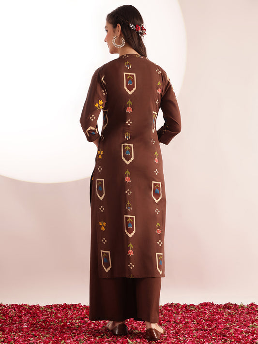 Brown Geometric Print Straight Cotton Kurta, Palazzo