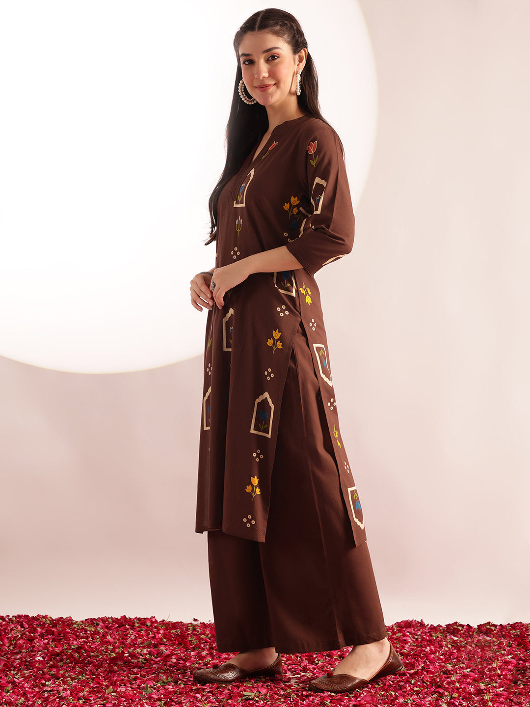 Brown Geometric Print Straight Cotton Kurta, Palazzo