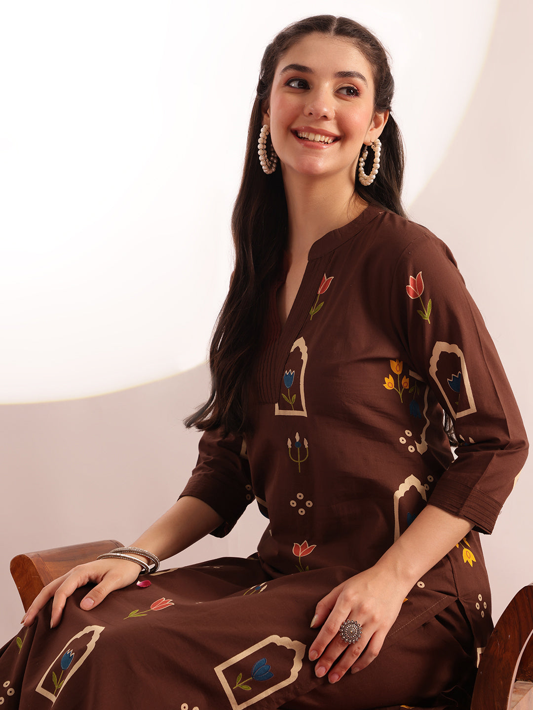 Brown Geometric Print Straight Cotton Kurta, Palazzo