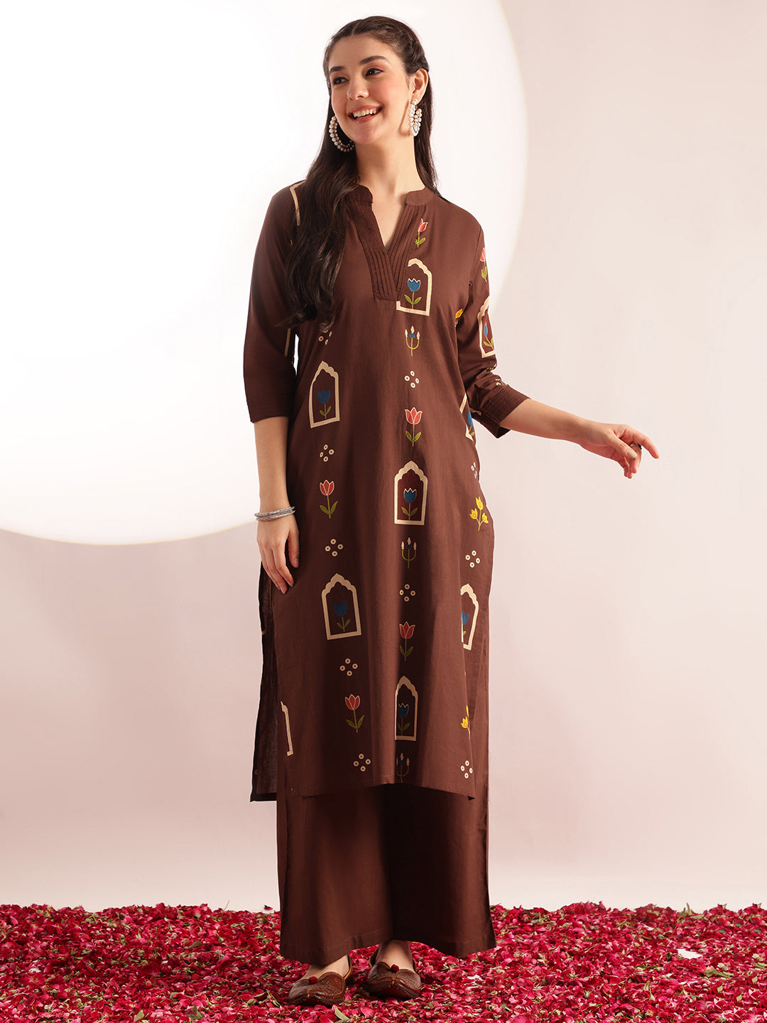 Brown Geometric Print Straight Cotton Kurta, Palazzo