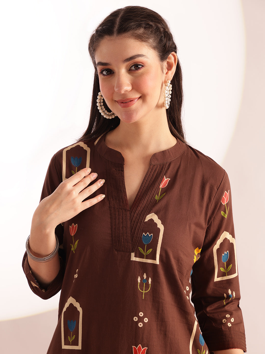 Brown Geometric Print Straight Cotton Kurta, Palazzo