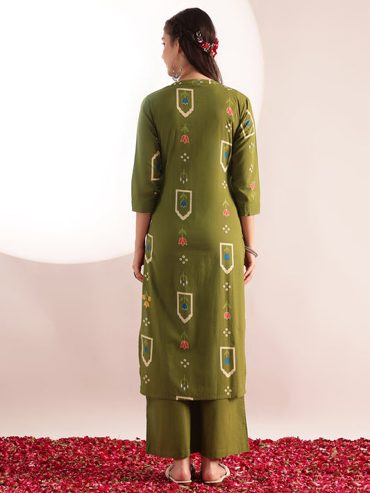 Mahendi Green Geometric Print Straight Cotton Kurta, Palazzo
