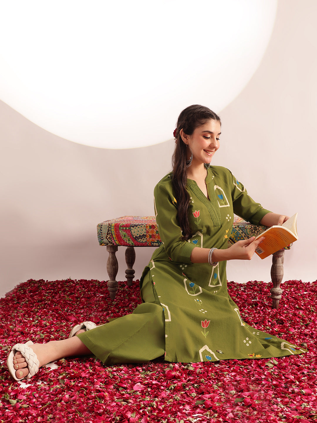 Mahendi Green Geometric Print Straight Cotton Kurta, Palazzo