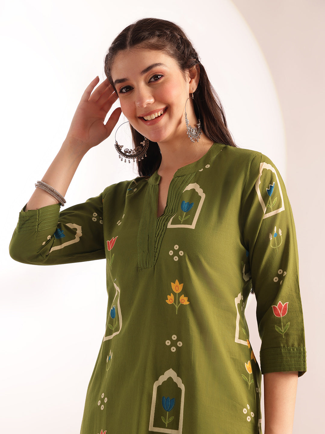 Mahendi Green Geometric Print Straight Cotton Kurta, Palazzo