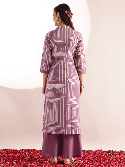 Lavender Geometric Print Straight Cotton Kurta, Palazzo