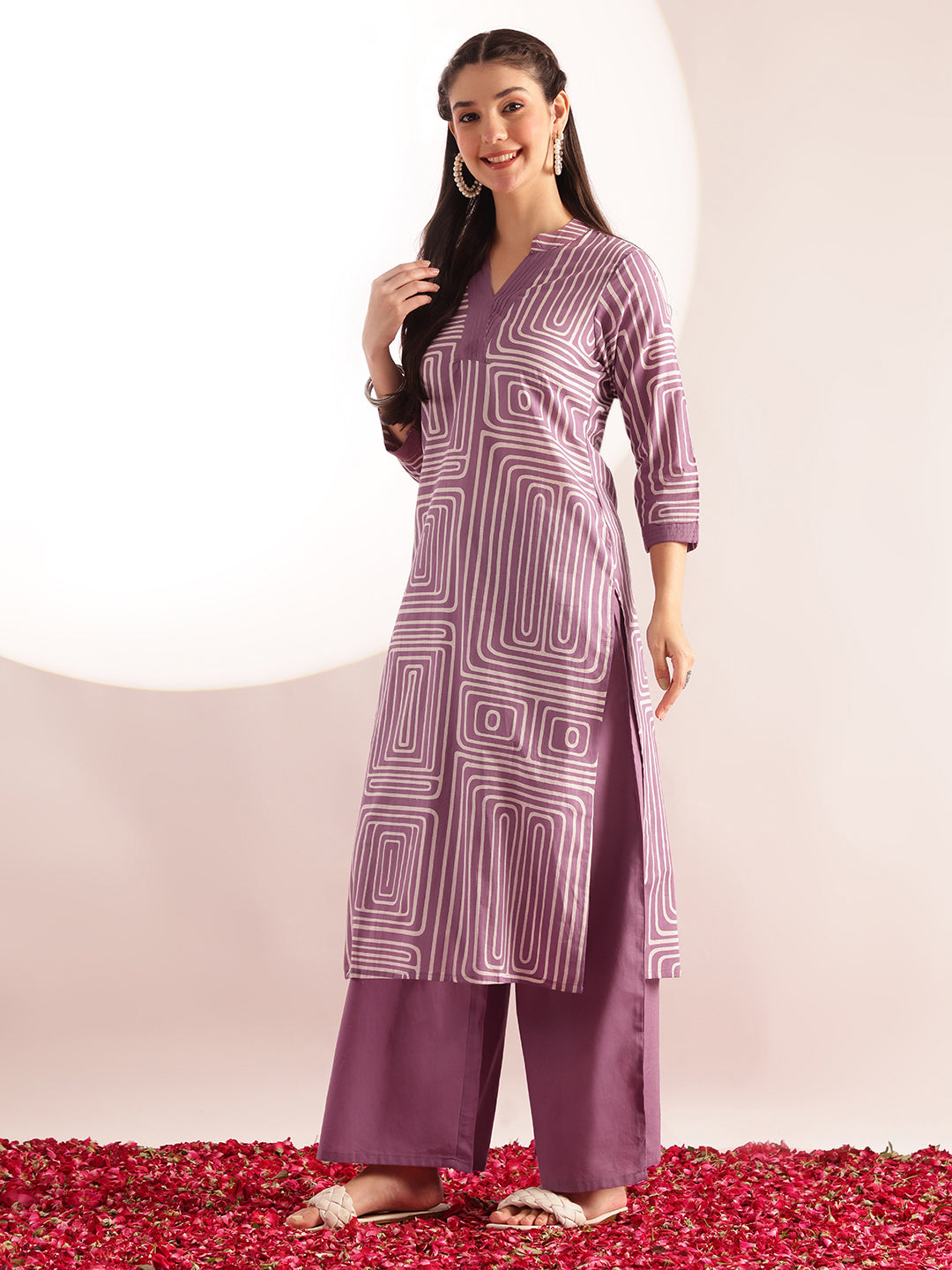 Lavender Geometric Print Straight Cotton Kurta, Palazzo