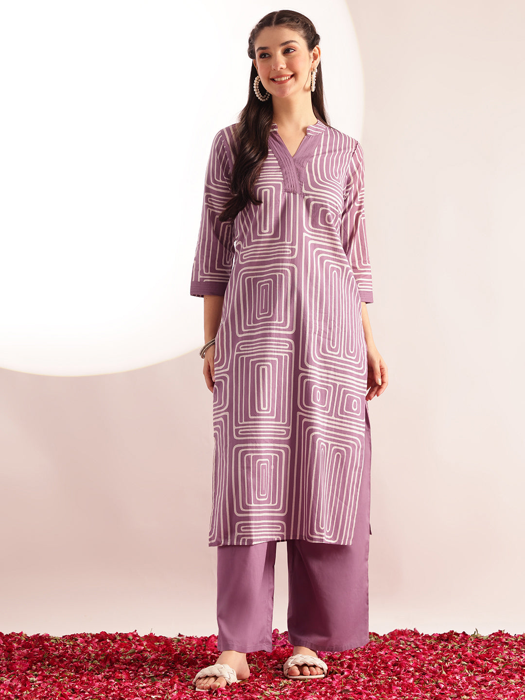 Lavender Geometric Print Straight Cotton Kurta, Palazzo